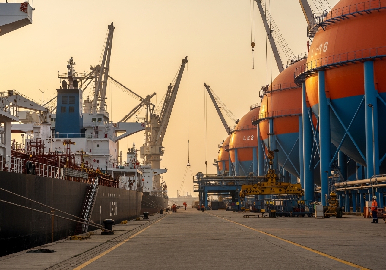Port terminal with cargo ships
